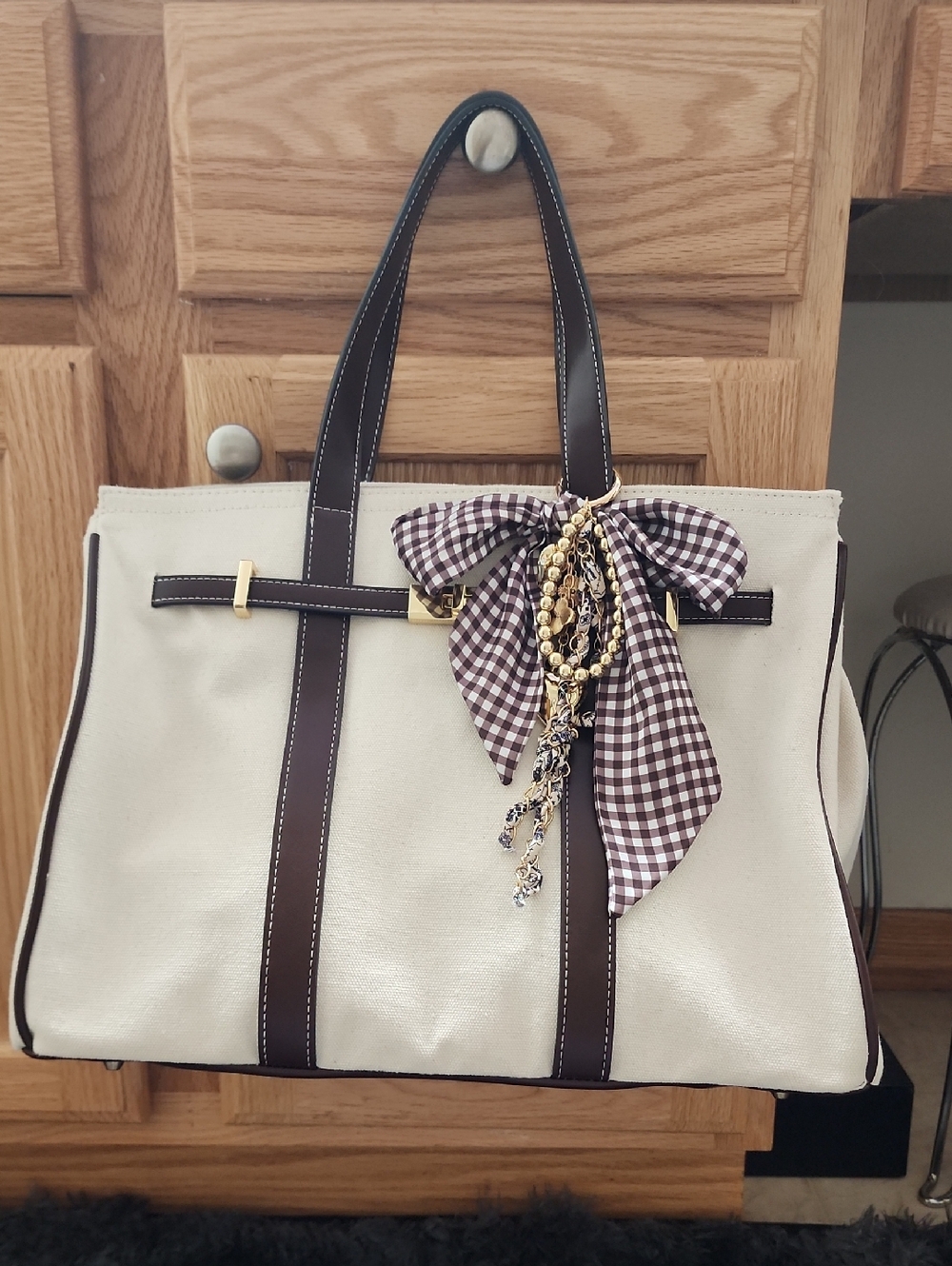Sol & Mer Canvas Tote Bag with Dark Brown Trim and Bow Accent
